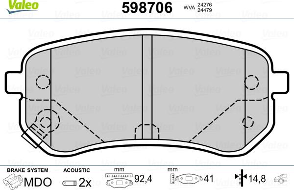 Valeo 598706 - Brake Pad Set, disc brake autospares.lv