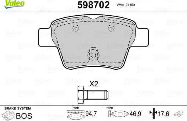 Valeo 598702 - Brake Pad Set, disc brake autospares.lv