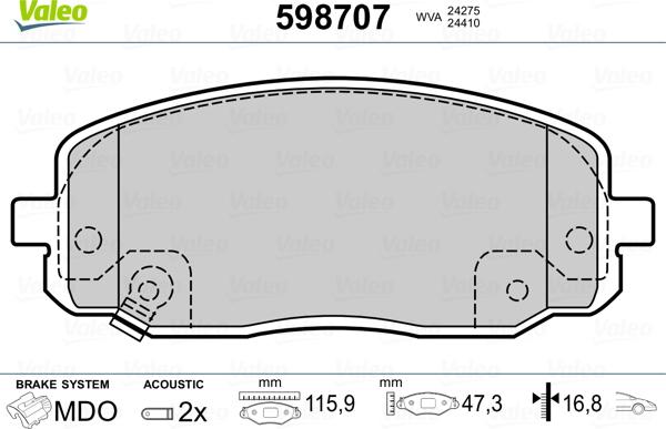 Valeo 598707 - Brake Pad Set, disc brake autospares.lv