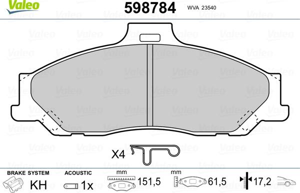 Valeo 598784 - Brake Pad Set, disc brake autospares.lv