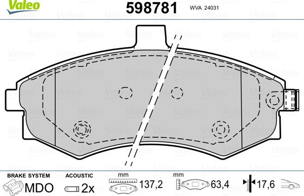 Valeo 598781 - Brake Pad Set, disc brake autospares.lv