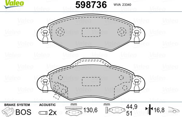 Valeo 598736 - Brake Pad Set, disc brake autospares.lv