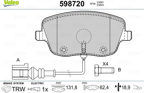 Valeo 598720 - Brake Pad Set, disc brake autospares.lv