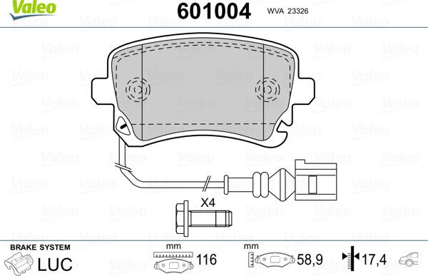 Valeo 601004 - Brake Pad Set, disc brake autospares.lv