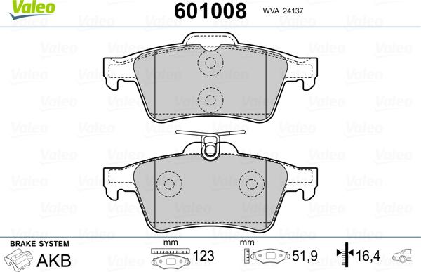 Valeo 601008 - Brake Pad Set, disc brake autospares.lv