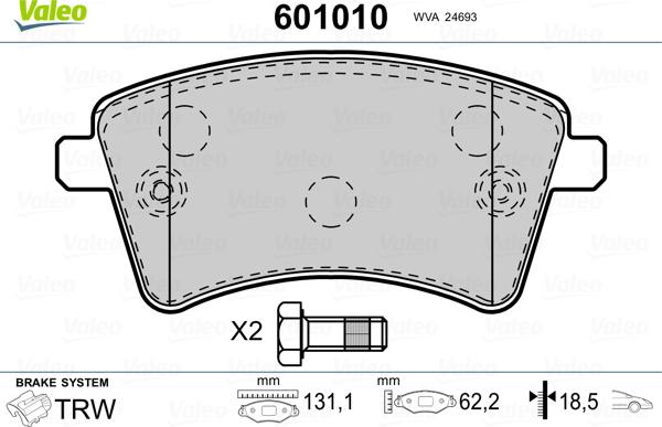 Valeo 601010 - Brake Pad Set, disc brake autospares.lv