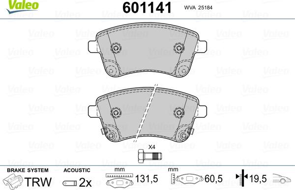 Valeo 601141 - Brake Pad Set, disc brake autospares.lv