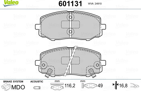 Valeo 601131 - Brake Pad Set, disc brake autospares.lv