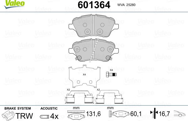 Valeo 601364 - Brake Pad Set, disc brake autospares.lv