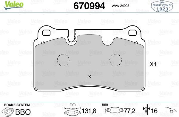 Valeo 670994 - Brake Pad Set, disc brake autospares.lv