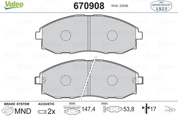 Valeo 670908 - Brake Pad Set, disc brake autospares.lv