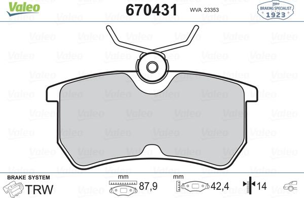 Valeo 670431 - Brake Pad Set, disc brake autospares.lv