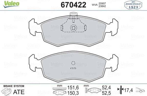 Valeo 670422 - Brake Pad Set, disc brake autospares.lv