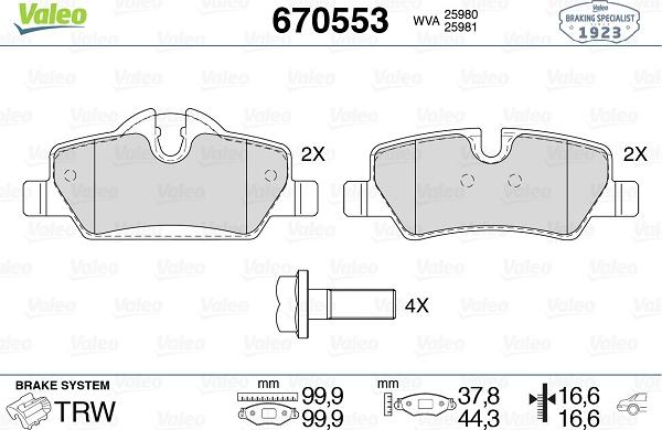 Valeo 670553 - Brake Pad Set, disc brake autospares.lv