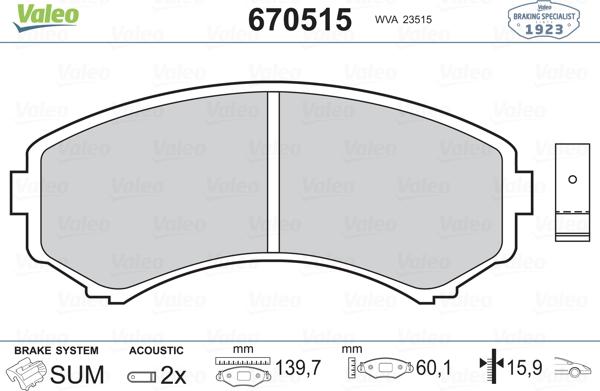 Valeo 670515 - Brake Pad Set, disc brake autospares.lv