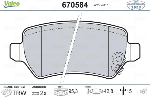 Valeo 670584 - Brake Pad Set, disc brake autospares.lv