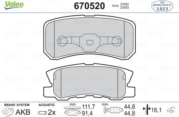 Valeo 670520 - Brake Pad Set, disc brake autospares.lv