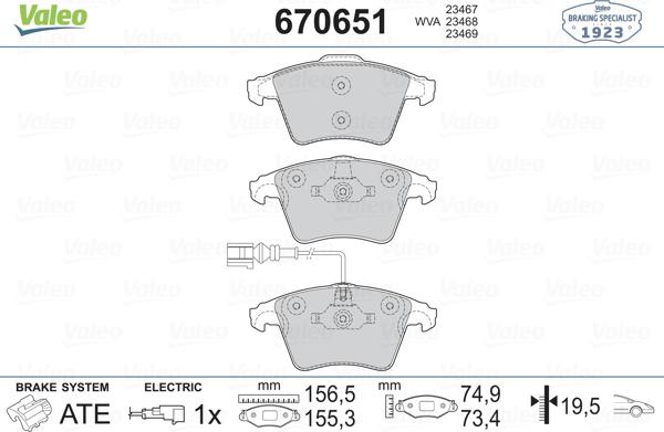 Valeo 670651 - Brake Pad Set, disc brake autospares.lv