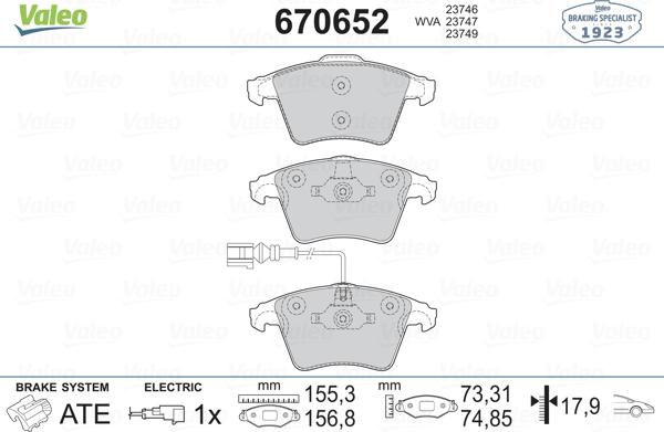 Valeo 670652 - Brake Pad Set, disc brake autospares.lv