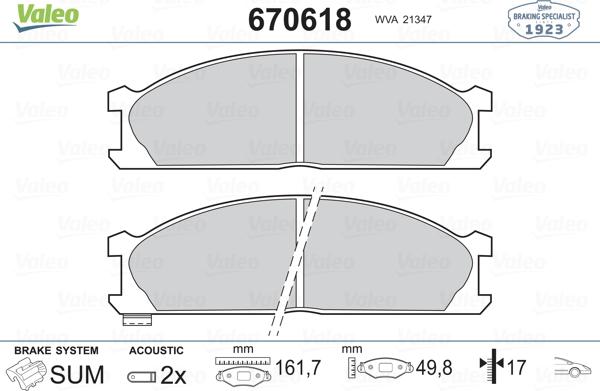 Valeo 670618 - Brake Pad Set, disc brake autospares.lv