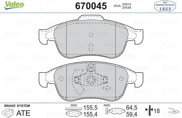 Valeo 670045 - Brake Pad Set, disc brake autospares.lv