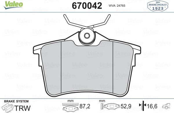 Valeo 670042 - Brake Pad Set, disc brake autospares.lv