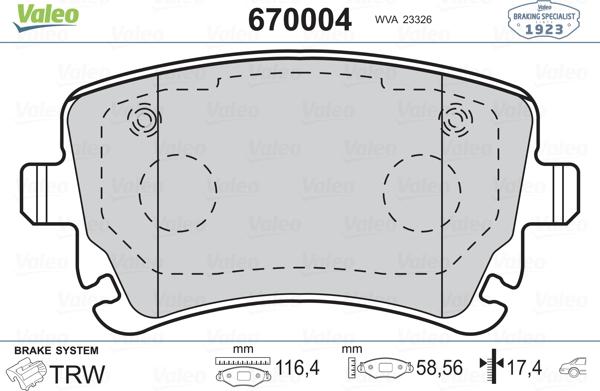 Valeo 670004 - Brake Pad Set, disc brake autospares.lv