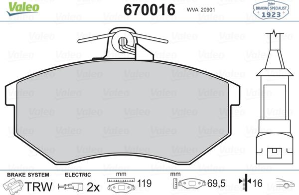 Valeo 670016 - Brake Pad Set, disc brake autospares.lv