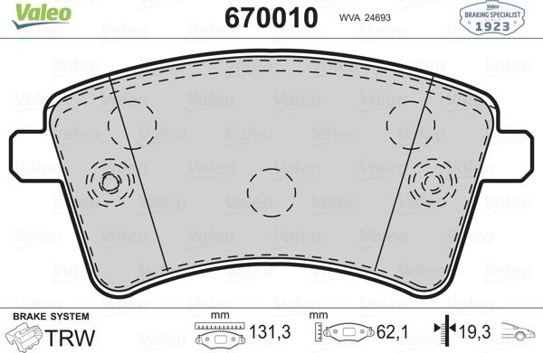 Valeo 670010 - Brake Pad Set, disc brake autospares.lv