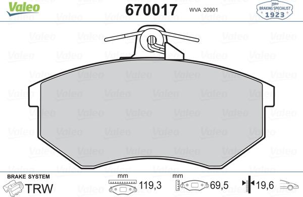 Valeo 670017 - Brake Pad Set, disc brake autospares.lv