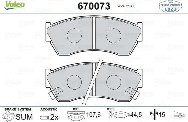 Valeo 670073 - Brake Pad Set, disc brake autospares.lv