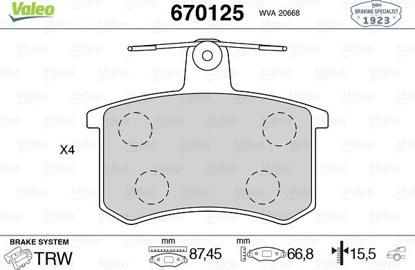 Valeo 670125 - Brake Pad Set, disc brake autospares.lv