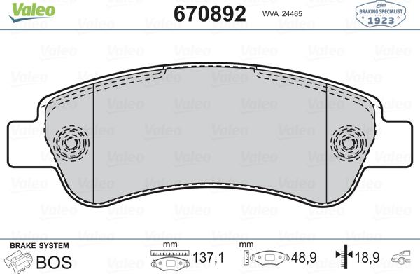 Valeo 670892 - Brake Pad Set, disc brake autospares.lv