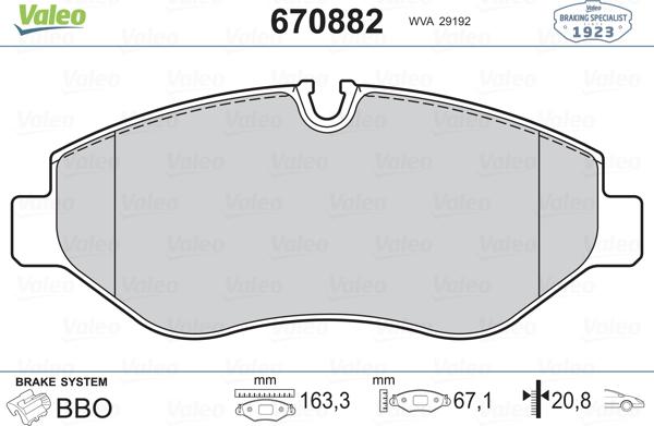 Valeo 670882 - Brake Pad Set, disc brake autospares.lv