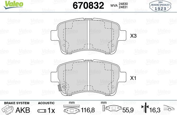 Valeo 670832 - Brake Pad Set, disc brake autospares.lv