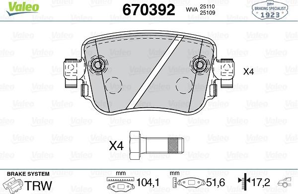 Valeo 670392 - Brake Pad Set, disc brake autospares.lv