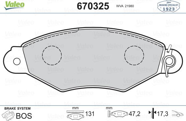 Valeo 670325 - Brake Pad Set, disc brake autospares.lv