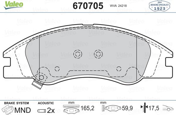 Valeo 670705 - Brake Pad Set, disc brake autospares.lv