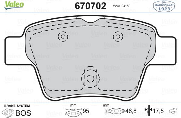 Valeo 670702 - Brake Pad Set, disc brake autospares.lv