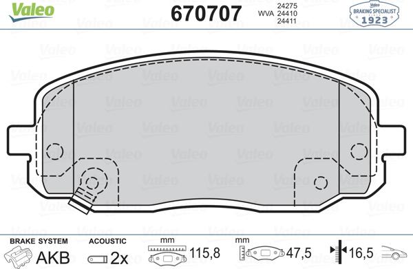 Valeo 670707 - Brake Pad Set, disc brake autospares.lv