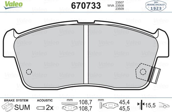 Valeo 670733 - Brake Pad Set, disc brake autospares.lv