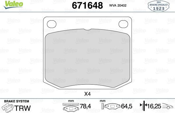 Valeo 671648 - Brake Pad Set, disc brake autospares.lv