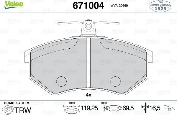 Valeo 671004 - Brake Pad Set, disc brake autospares.lv