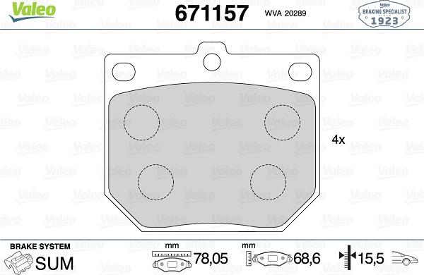 Valeo 671157 - Brake Pad Set, disc brake autospares.lv