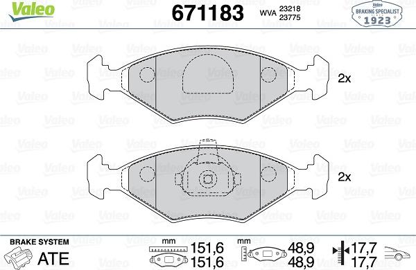 Valeo 671183 - Brake Pad Set, disc brake autospares.lv