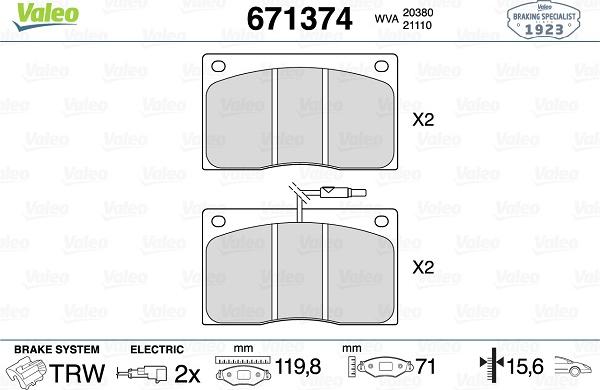 Valeo 671374 - Brake Pad Set, disc brake autospares.lv