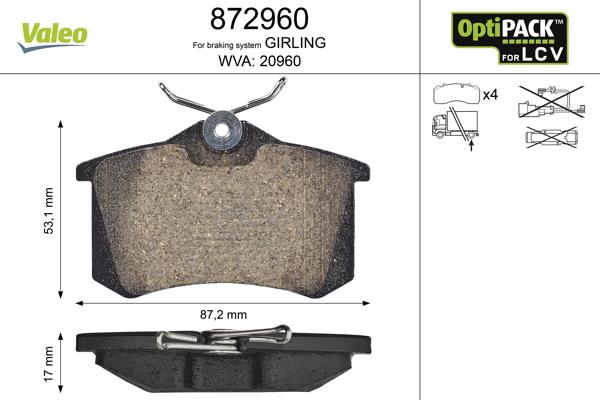 Valeo 872960 - Brake Pad Set, disc brake autospares.lv