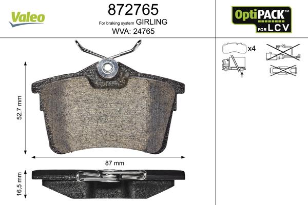 Valeo 872765 - Brake Pad Set, disc brake autospares.lv