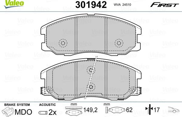 Valeo 301942 - Brake Pad Set, disc brake autospares.lv