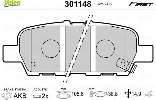 Valeo 301148 - Brake Pad Set, disc brake autospares.lv